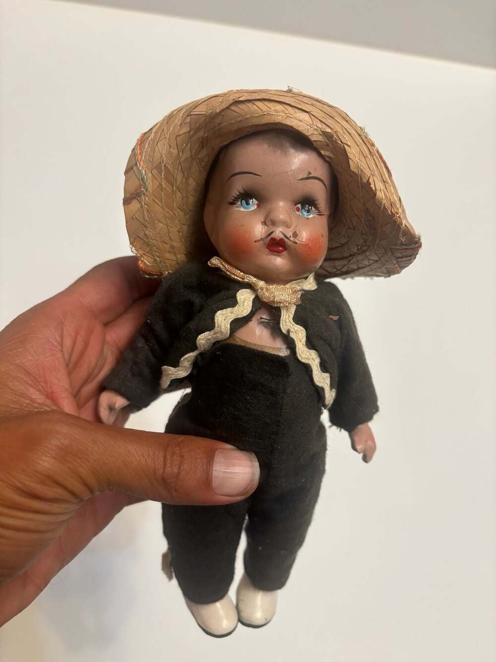 Vintage Mexican Folk Art Doll in Traditional Mariachi Costume with Straw Hat